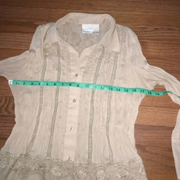 Vintage Tailor B Moss Beige/Tan Button Down Sheer Blouse with Lace Boho Medium - Picture 10 of 10